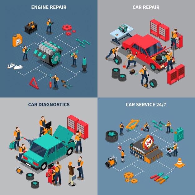 Servicio de coche 4 iconos isométricos cuadrados
