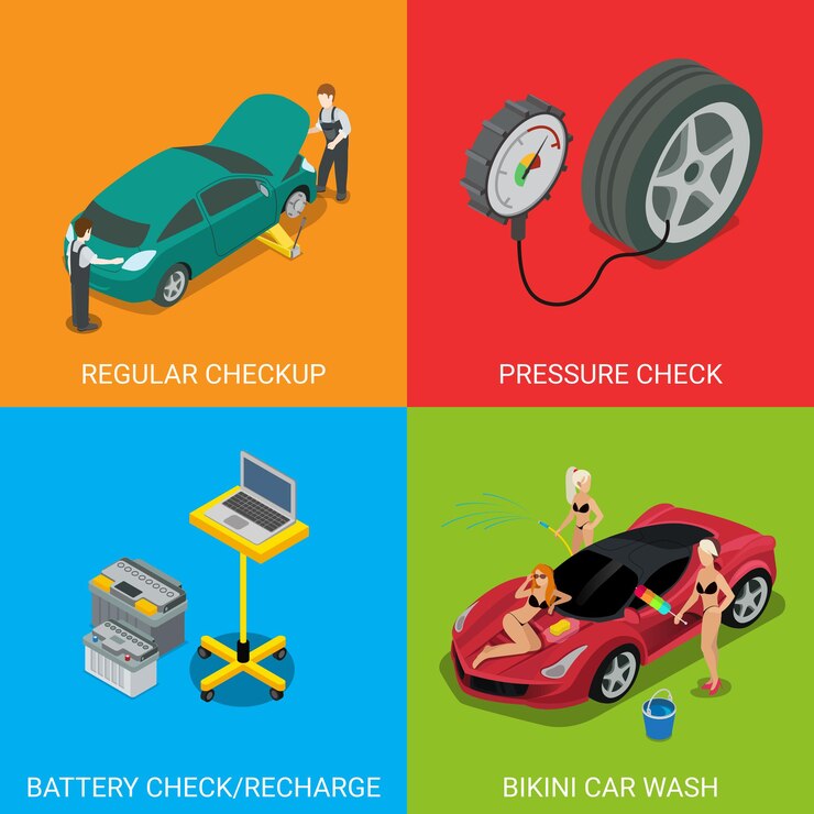 Vector gratuito servicio de coche chequeo regular control de presión recarga de batería bikini lavado de coches