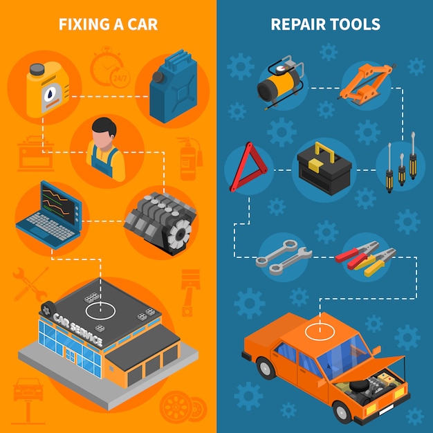 Servicio de coche conjunto de banner vertical isométrica
