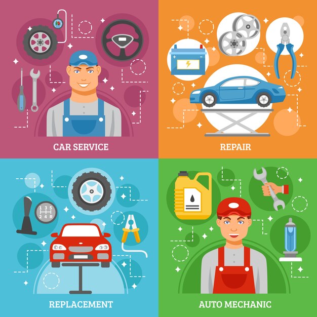 Servicio de coche iconos planos Banner cuadrado