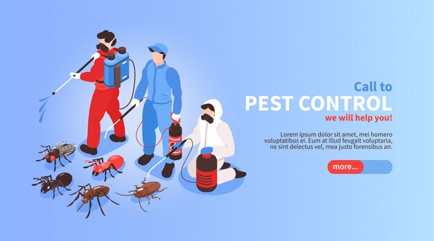 Servicio de desinfección de higiene de la casa de control de plagas banner isométrico del sitio web con equipo profesional exterminador de insectos