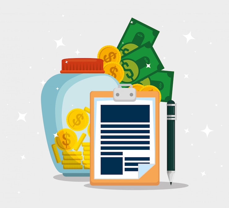 Vector gratuito servicio de documento fiscal con monedas y billetes