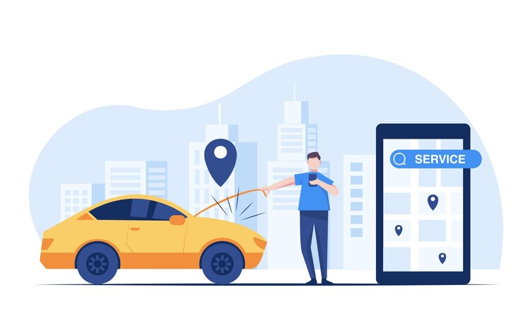 Vector gratuito servicio de emergencia en el sitio por servicio de seguro de automóvil un joven llama a un servicio de seguro de automóvil que brinda servicios cuando el automóvil no funciona diseño plano de carácter comercial de ilustración vectorial