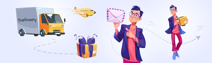 Vector gratuito servicio de entrega con camión cartero y avión.