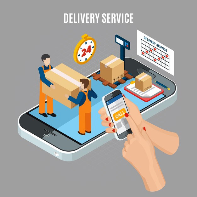 Servicio de entrega en línea de logística con trabajadores cargando cajas ilustración isométrica 3d