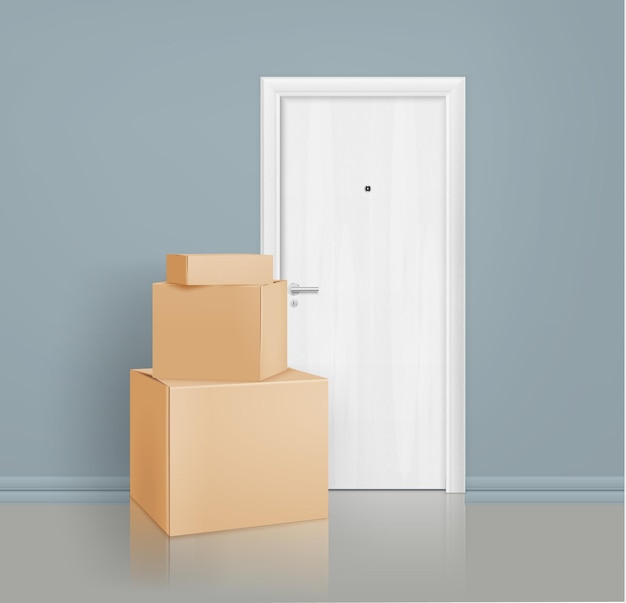 Servicio de entrega de paquetes sin contacto composición realista de buzones apilados frente a la puerta