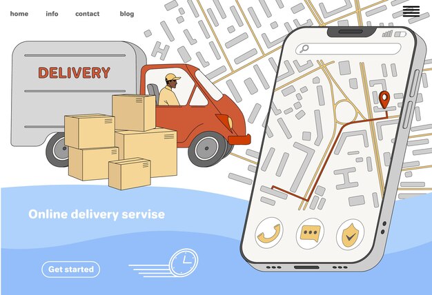 Servicio de entrega rápida móvil aplicación en línea mensajero plano en furgoneta con cajas y carretera en teléfono móvil scre