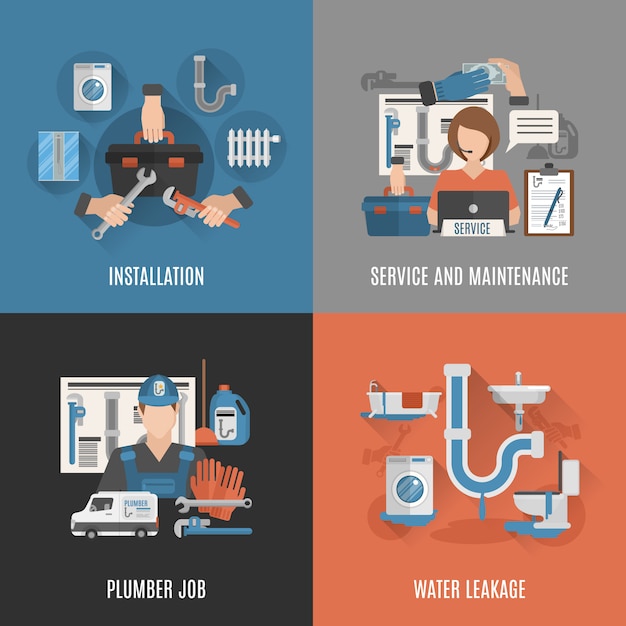 Servicio de fontanería 4 iconos planos cuadrados