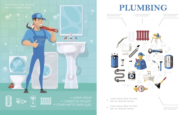 Servicio de fontanería composición con reparador de pie en el baño con inodoro lavabo lavadora espejo y coloridos elementos de fontanero