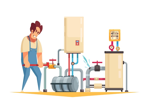 Servicio de fontanero de reparación de calderas composición de dibujos animados plana con fijación de tuberías reventadas que cierra la válvula de agua