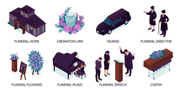 Servicio funerario conjunto isométrico de composiciones con ataúd coche fúnebre urna flores personas dando discurso aislado ilustración vectorial