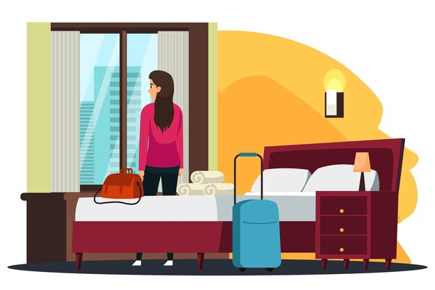 Servicio de hospitalidad del hotel check-in de mujer con maleta y bolso en la habitación Turista de dibujos animados de pie en la ventana de un acogedor apartamento de hotel con lámpara de cama y mesita de noche y mirando la ciudad