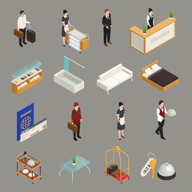 Servicio de hotel y personal turístico con iconos isométricos de muebles de equipaje aislados en gris