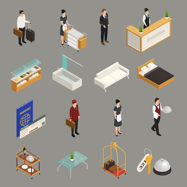 Servicio de hotel y personal turístico con iconos isométricos de muebles de equipaje aislados en gris