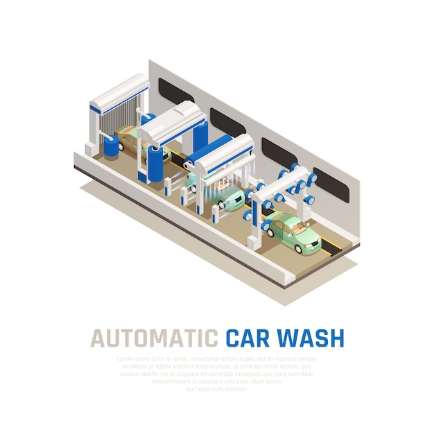 Servicio isométrico de lavado de autos con símbolos automáticos de lavado de autos