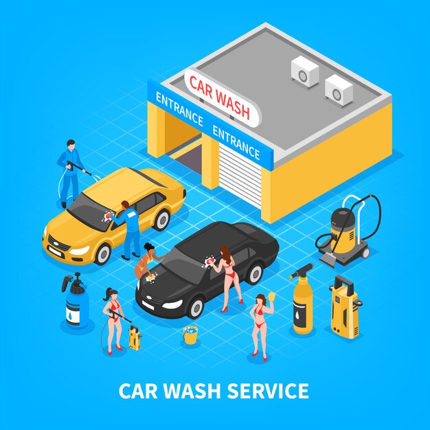 Servicio de lavado de coches ilustración isométrica