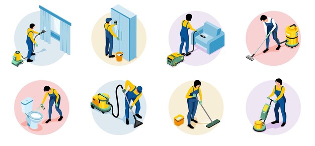 Servicio de limpieza composiciones redondas aisladas con empleados lavando muebles de piso, ventanas y lavabos ilustraciones vectoriales isométricas