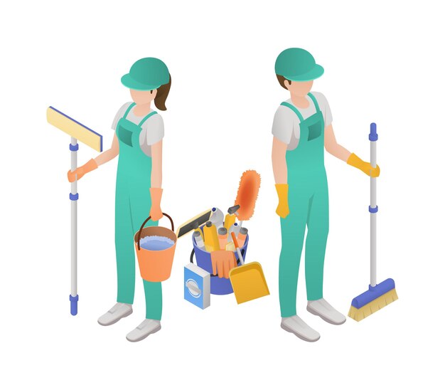 Servicio de limpieza profesional concepto isométrico dos mujeres con un trapeador y cepillo para polvo listo para ir ilustración vectorial