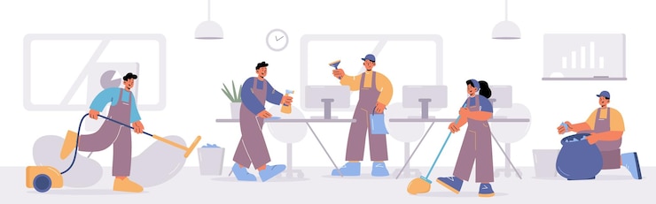 Vector gratuito servicio de limpieza en trabajo en equipo de conserjes de oficina