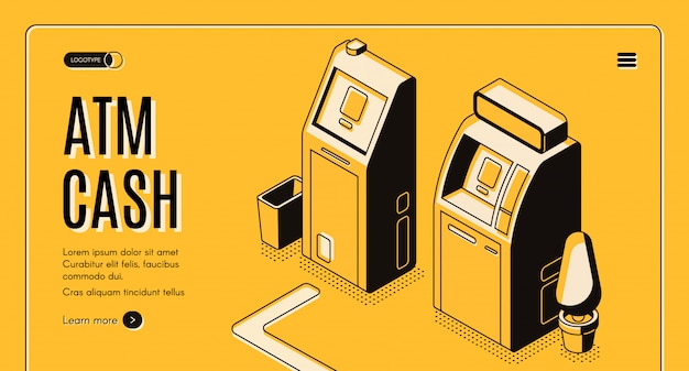 Servicio en línea de cambio de moneda, banco automatizado, cajero, localizador de red, vector isométrico web banner