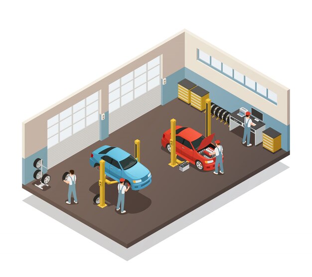 Servicio de mantenimiento de automóviles Isométrica Interior
