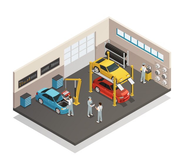 Servicio de mantenimiento de automóviles Isométrica Interior