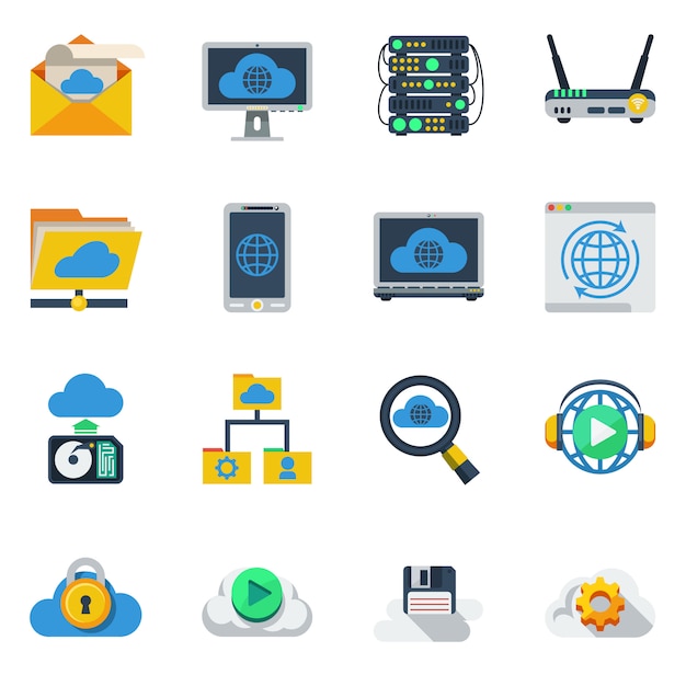 Vector gratuito servicio de nube iconos de colores planos