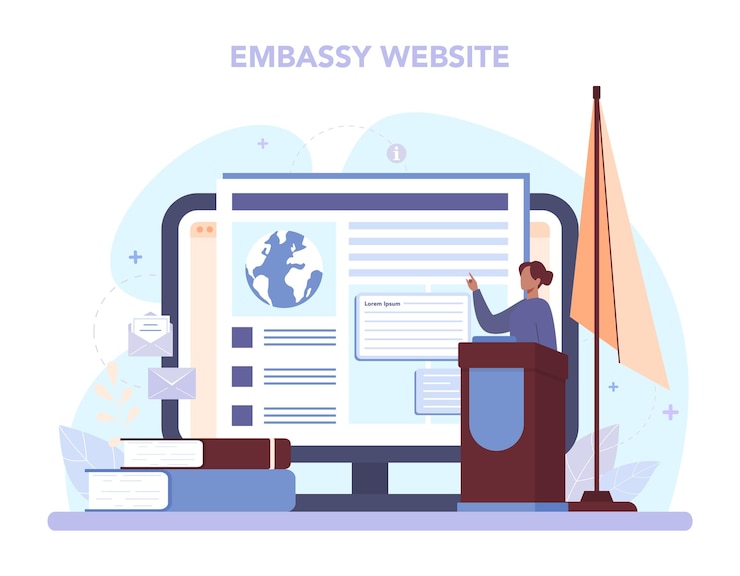 Vector gratuito servicio o plataforma diplomática en línea idea de relaciones internacionales y gobierno representación mundial del país sitio web de la embajada ilustración vectorial aislada