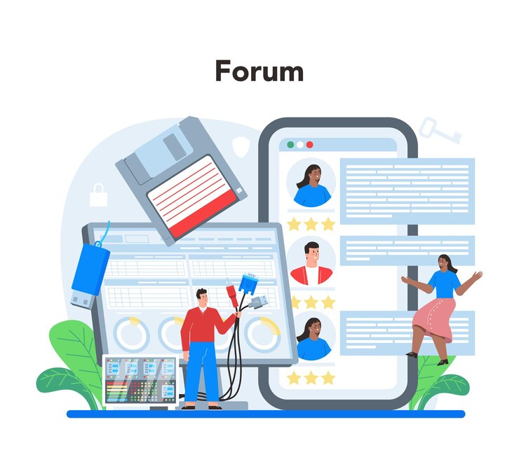 Vector gratuito servicio o plataforma en línea del administrador del sistema trabajo técnico con la instalación del software del servidor solución de problemas de seguridad en línea foro en línea ilustración vectorial plana