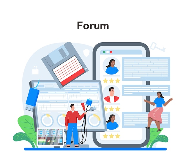 Servicio o plataforma en línea del administrador del sistema Trabajo técnico con la instalación del software del servidor Solución de problemas de seguridad en línea Foro en línea Ilustración vectorial plana