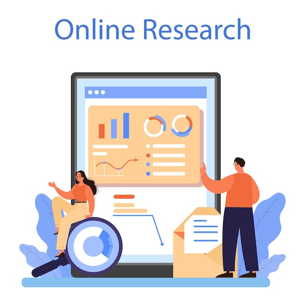 Servicio o plataforma en línea de análisis de marketing investigación de mercado y procesamiento de datos desarrollo de mercado de promoción de la empresa investigación en línea ilustración de vector plano