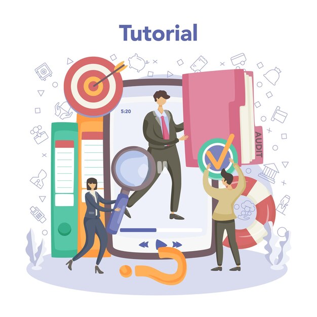 Servicio o plataforma en línea de auditor Investigación y análisis de operaciones comerciales Gestión financiera profesional Tutorial en línea Ilustración de vector plano aislado