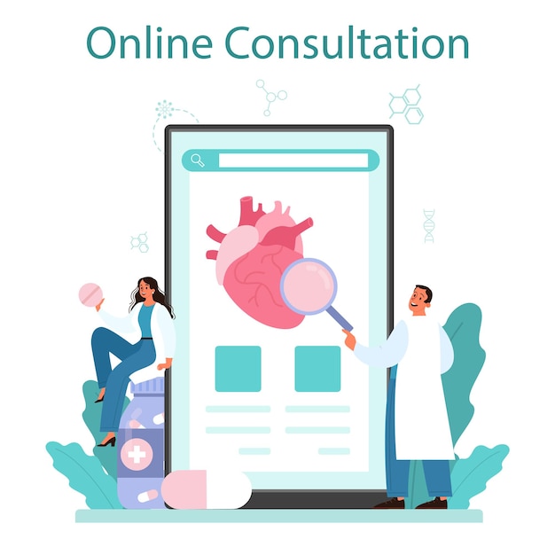 Servicio o plataforma en línea de cardiólogo idea de atención cardíaca y diagnóstico médico los médicos tratan enfermedades cardíacas consulta en línea ilustración de vector plano