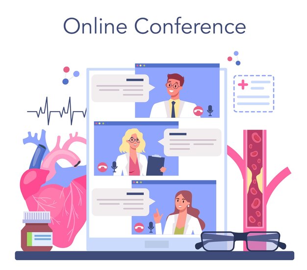 Servicio o plataforma en línea de cardiólogo Idea de cuidado del corazón y diagnóstico de cardiología y tratamiento del sistema circulatorio Conferencia en línea Ilustración de vector plano