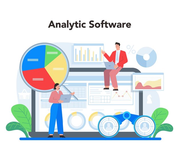 Servicio o plataforma en línea del comercializador Publicidad y promoción Estrategia de marketing y comunicación con un cliente Software analítico Ilustración de vector plano aislado