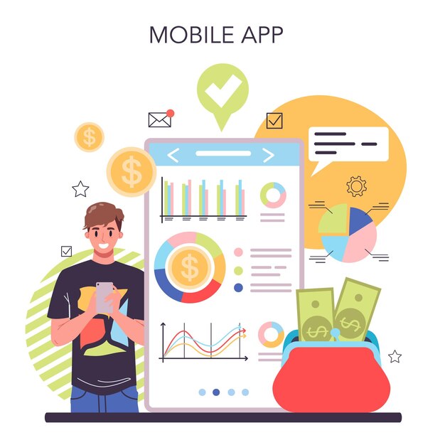 Servicio o plataforma en línea de contador Contador profesional Cálculo de impuestos y análisis financiero Aplicación móvil Ilustración vectorial