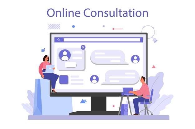 Servicio o plataforma en línea de creación de marca Presentación de la empresa de diseño de especialistas en marketing e identidad creativa Consulta en línea Ilustración de vector plano