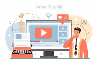 Vector gratuito servicio o plataforma en línea de críticos profesionales periodista que hace reseñas y clasifica comida o arte opinión de trabajos creativos tutorial en video ilustración vectorial plana