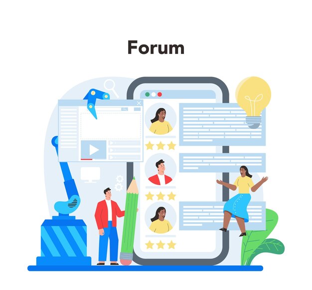 Servicio o plataforma en línea de desarrollo frontend Mejora del diseño de la interfaz del sitio web Programación y prueba de la página web Foro en línea Ilustración de vector plano aislado