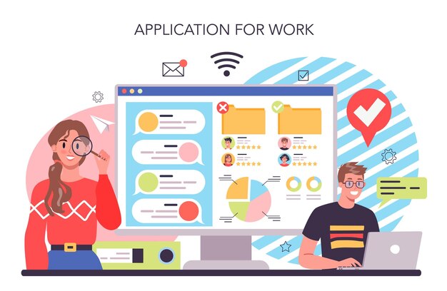 Servicio o plataforma en línea de detección de personal Reclutamiento comercial y control de empleados Trabajadores de monitoreo de recursos humanos Aplicación de trabajo Ilustración de vector plano