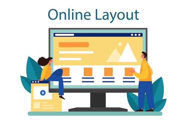 Servicio o plataforma en línea de diseño de sitio web Diseño y optimización de aplicaciones móviles de desarrollo web Plantilla de interfaz de usuario de construcción de personas Diseño en línea Ilustración de vector plano