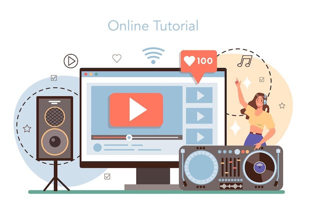 Servicio o plataforma en línea de DJ Persona de pie en el mezclador de tocadiscos hacer música en el club Compositor de música de club con auriculares Tutorial en línea Ilustración de vector plano