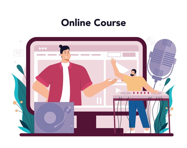 Servicio o plataforma en línea de DJ Persona de pie en el mezclador de tocadiscos hacer música en el club Compositor de música de club Curso en línea Ilustración de vector plano