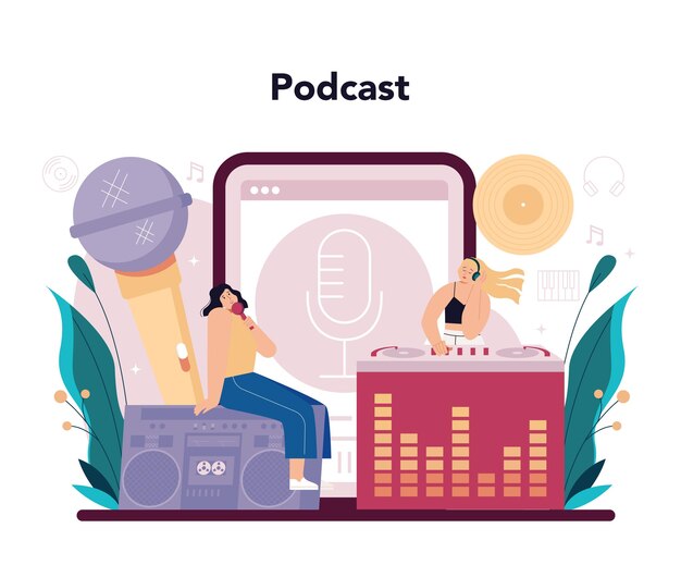 Servicio o plataforma en línea de DJ Persona de pie en el mezclador de tocadiscos hacer música en el club Compositor de música de club Podcast en línea Ilustración de vector plano