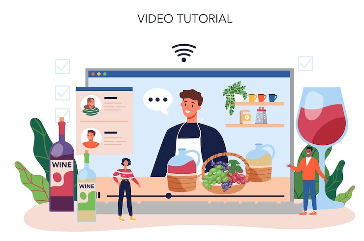 Vector gratuito servicio o plataforma en línea para enólogos vino de uva en una botella de barril de madera de un vino tinto y un vaso lleno de bebida alcohólica videotutorial en línea ilustración vectorial aislada