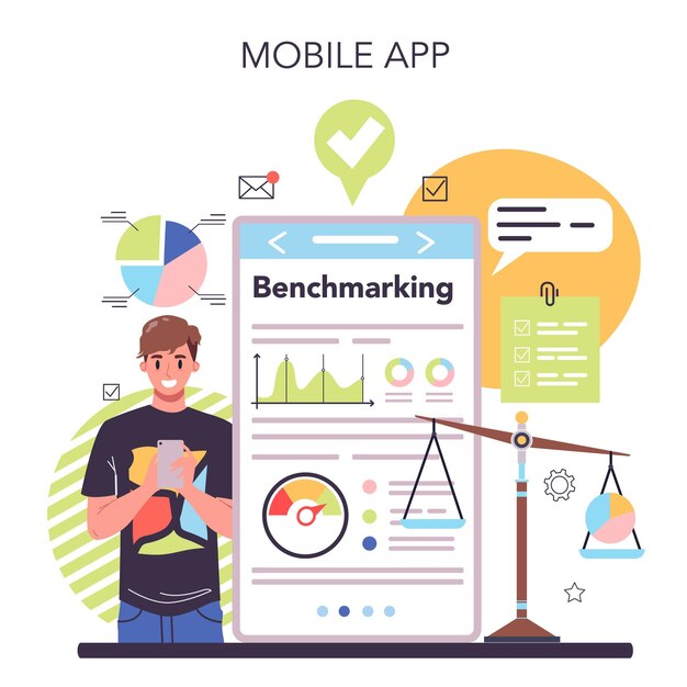 Servicio o plataforma en línea de evaluación comparativa Idea de mejora empresarial Comparar la calidad con las empresas de la competencia Aplicación móvil Ilustración vectorial