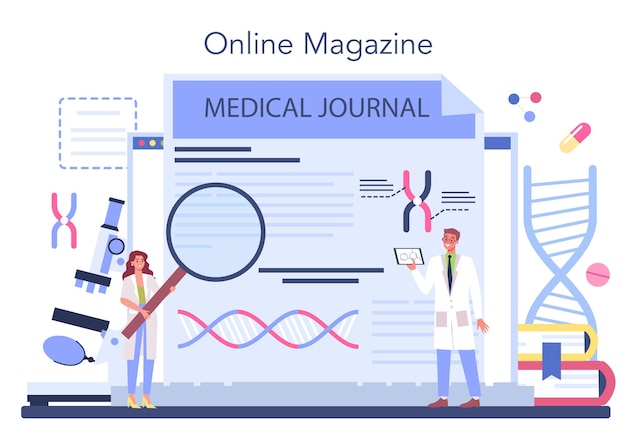 Vector gratuito servicio o plataforma en línea de genetista tecnología de medicina y ciencia trabajo científico con estructura de molécula revista en línea ilustración plana vectorial