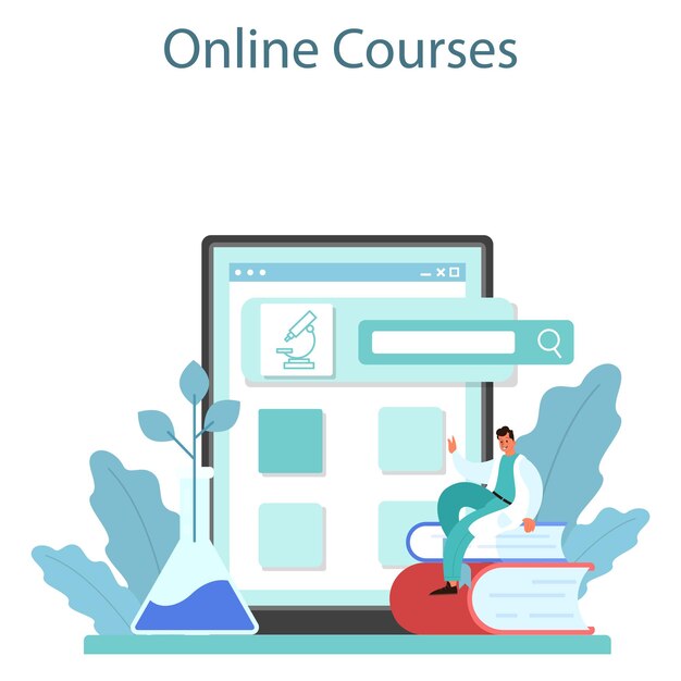 Servicio o plataforma en línea para genetistas Medicina y tecnología científica Trabajo científico con estructura molecular Curso en línea Ilustración plana vectorial