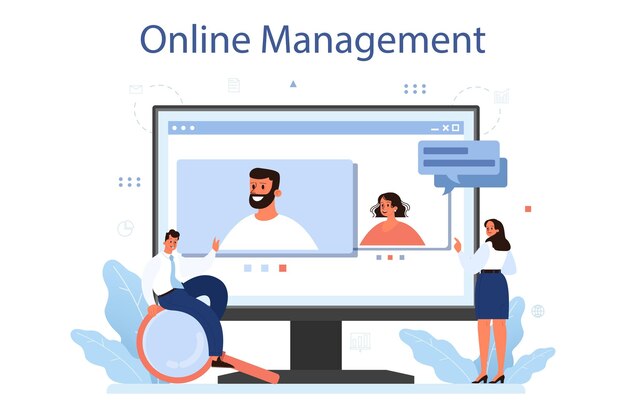 Servicio o plataforma en línea de gestión de personal Reclutamiento empresarial y adaptación de empleados Gerente de recursos humanos que contrata a nuevos trabajadores Gestión en línea Ilustración de vector plano