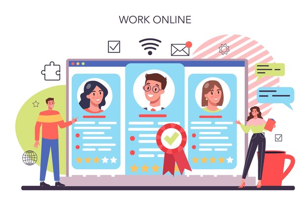 Servicio o plataforma en línea de gestión de personal Reclutamiento empresarial y adaptación de empleados Gerente de recursos humanos que guía el trabajo en equipo Trabajo en línea Ilustración de vector plano